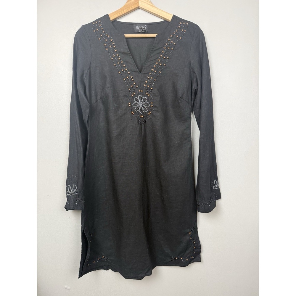 Black‎ Linen Floral Embroidered Dress Beaded Gothic Boho Whimsigoth Festival Lg